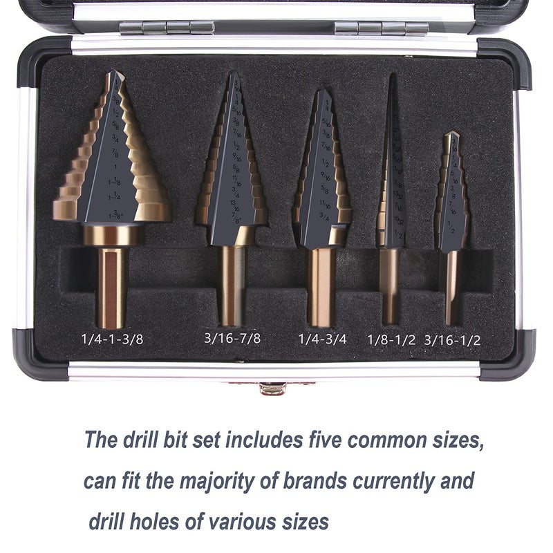 Zhushan 5pcs Step Drill Bit Set,High Speed Step Drill Bit, HSS Cobalt Multiple Hole 50 Sizes Titanium Step Drill Bit with Aluminum Case - Image 3